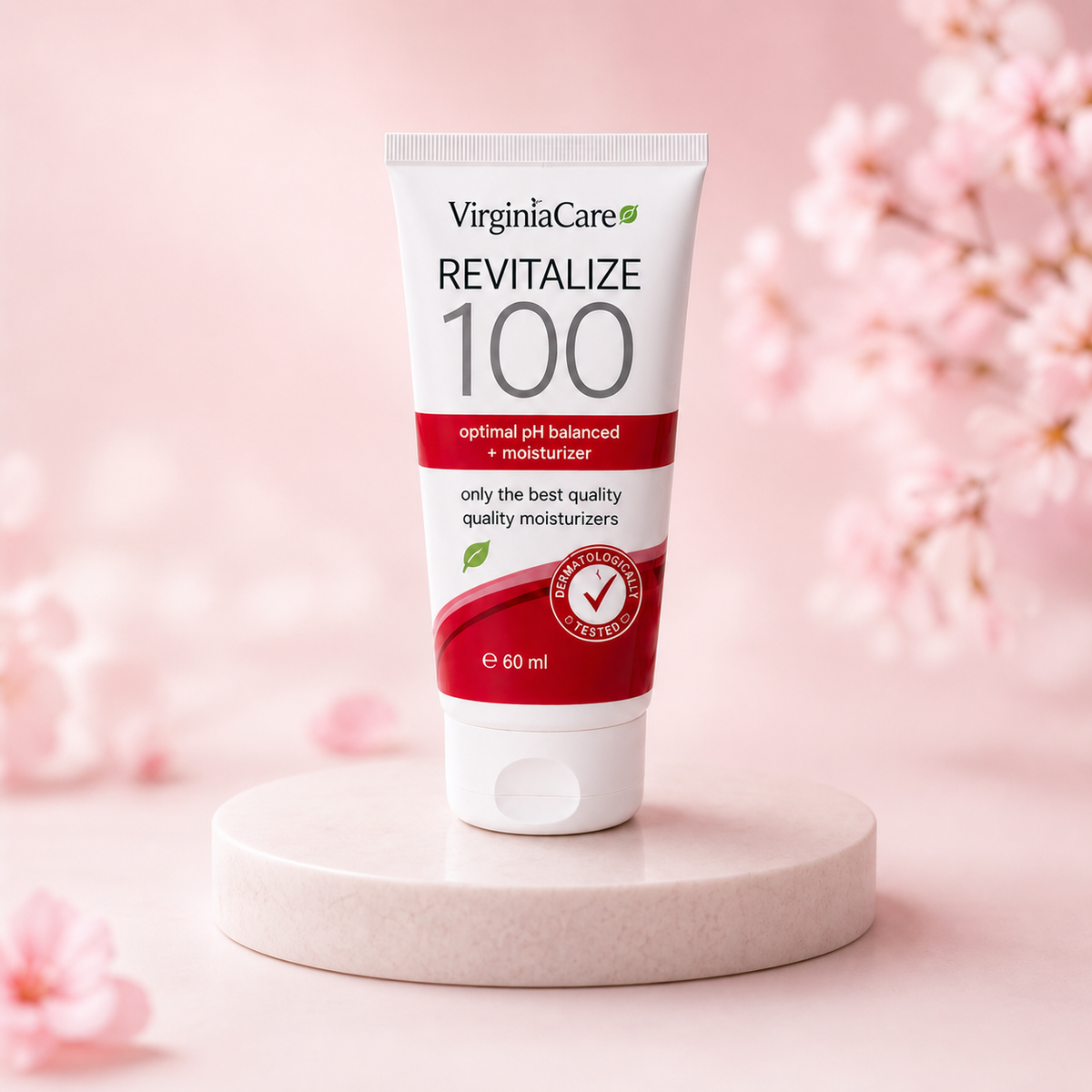 VirginiaCare ReVitalize100 intimate moisturizing gel on a blush pink studio background