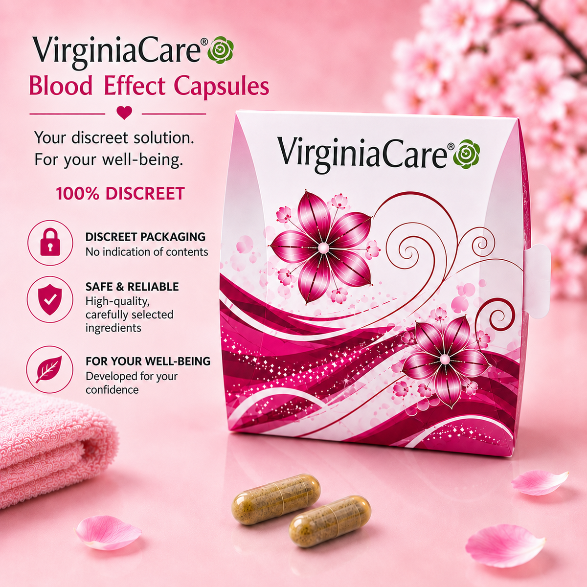 VirginiaCare Blood Effect Capsules with discreet packaging