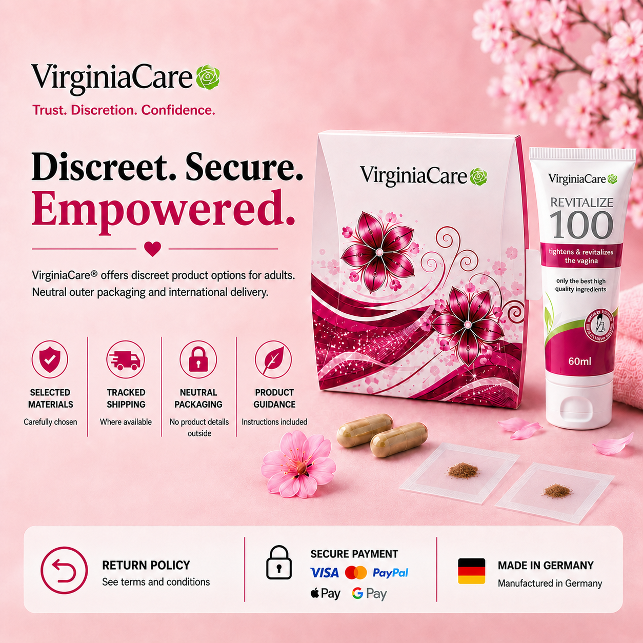 VirginiaCare non-surgical cosmetic product options with membrane sachets, capsules and ReVitalize100